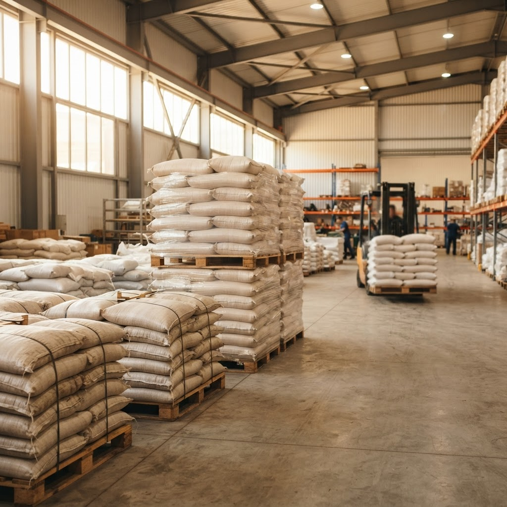 Sacks of agricultural seed stacked on pallets, prepared for export shipment